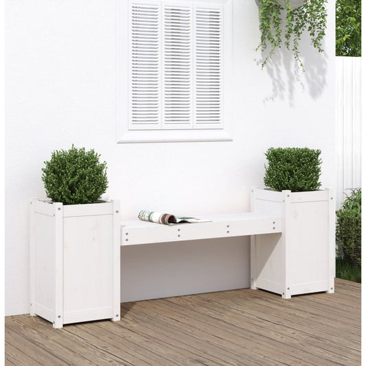 Bench with white planters 180x36x63 cm solid pine wood