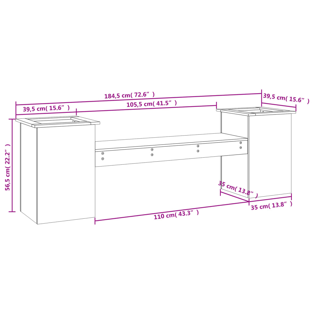 Bench with white planters 184.5x39.5x56.5 cm solid pine wood