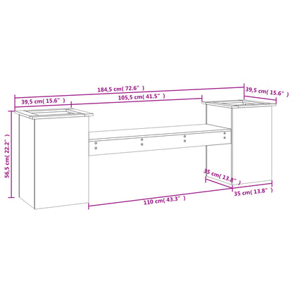 Bench with white planters 184.5x39.5x56.5 cm solid pine wood