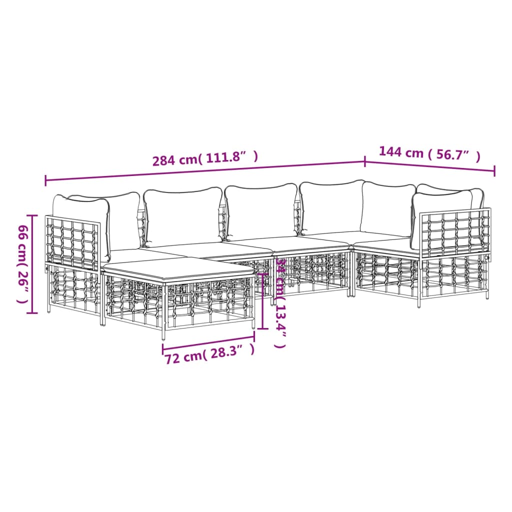 6 pcs garden furniture with braided resin anthracite cushions