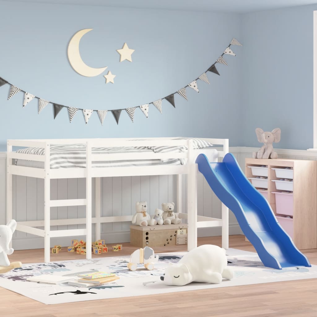 Lit mezzanine enfants avec toboggan en pin massif, blanc ou noir