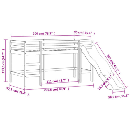 Lit mezzanine enfants avec toboggan en pin massif, blanc ou noir