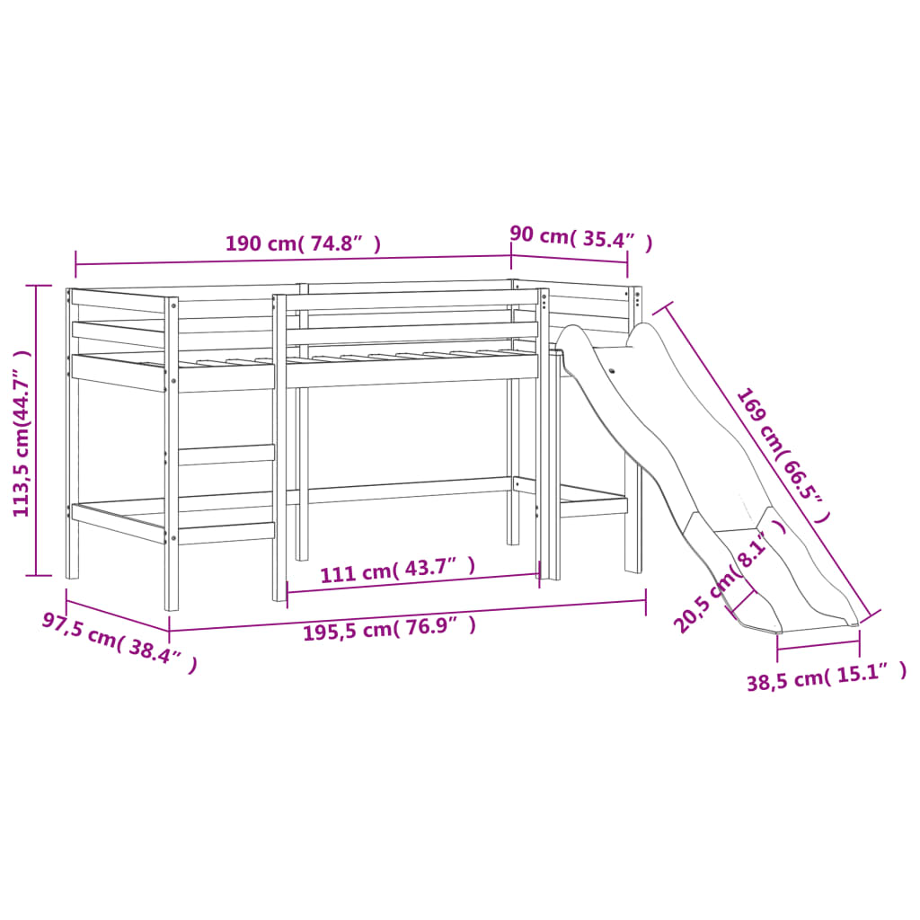 Lit mezzanine enfants avec toboggan en pin massif, blanc ou noir
