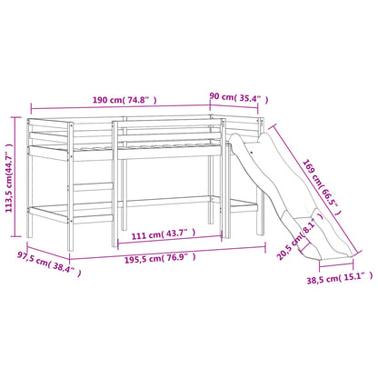 Lit mezzanine enfants avec toboggan en pin massif, blanc ou noir