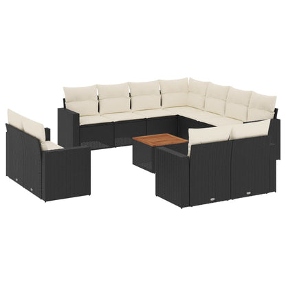 Garden furniture with cushions 13 pcs black braided resin