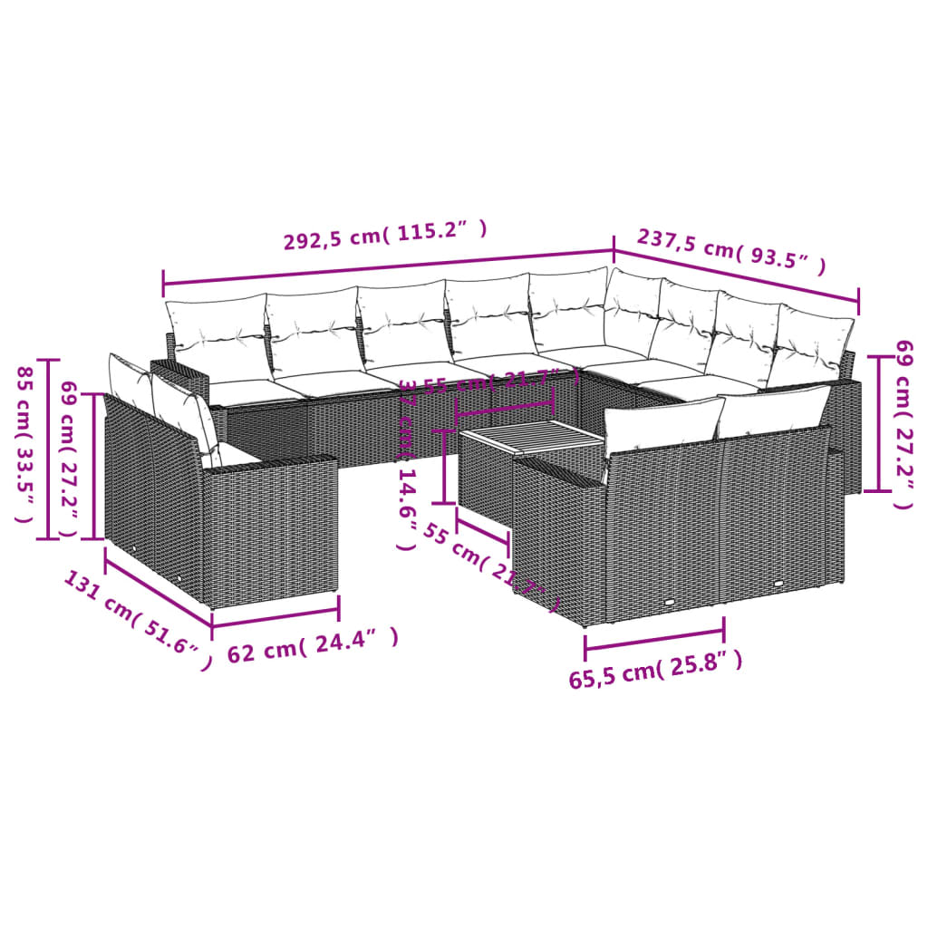 Garden furniture with cushions 13 pcs black braided resin