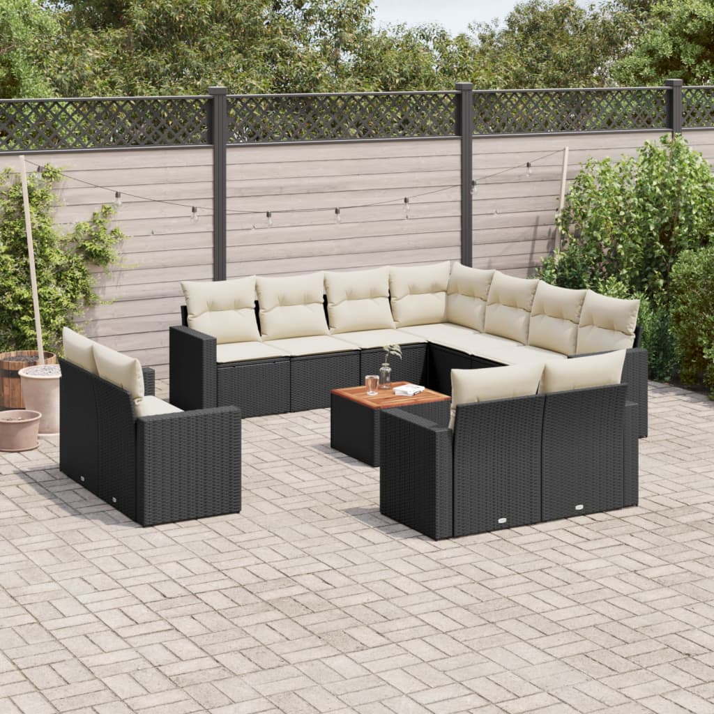 Garden furniture with cushions 13 pcs black braided resin