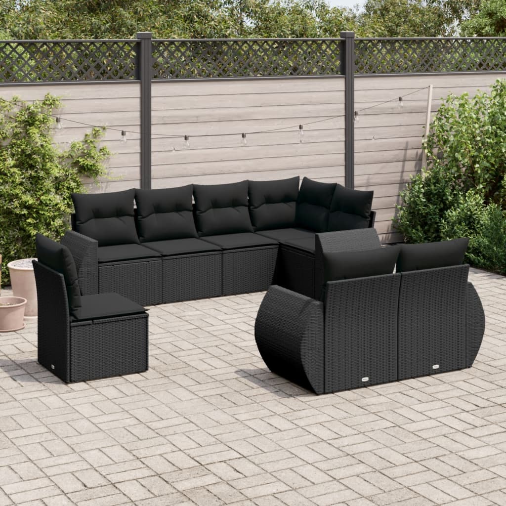 8 pcs garden furniture with black braided resin cushions