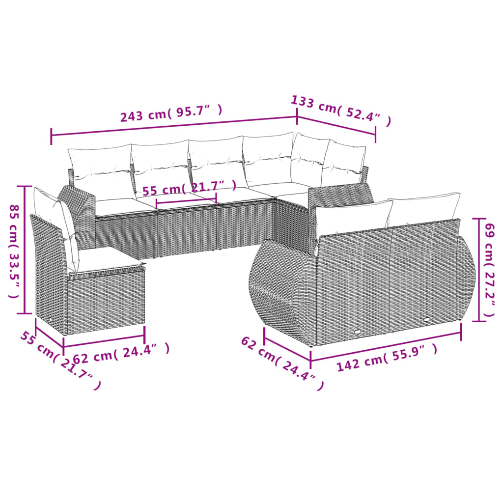 8 pcs garden furniture with black braided resin cushions