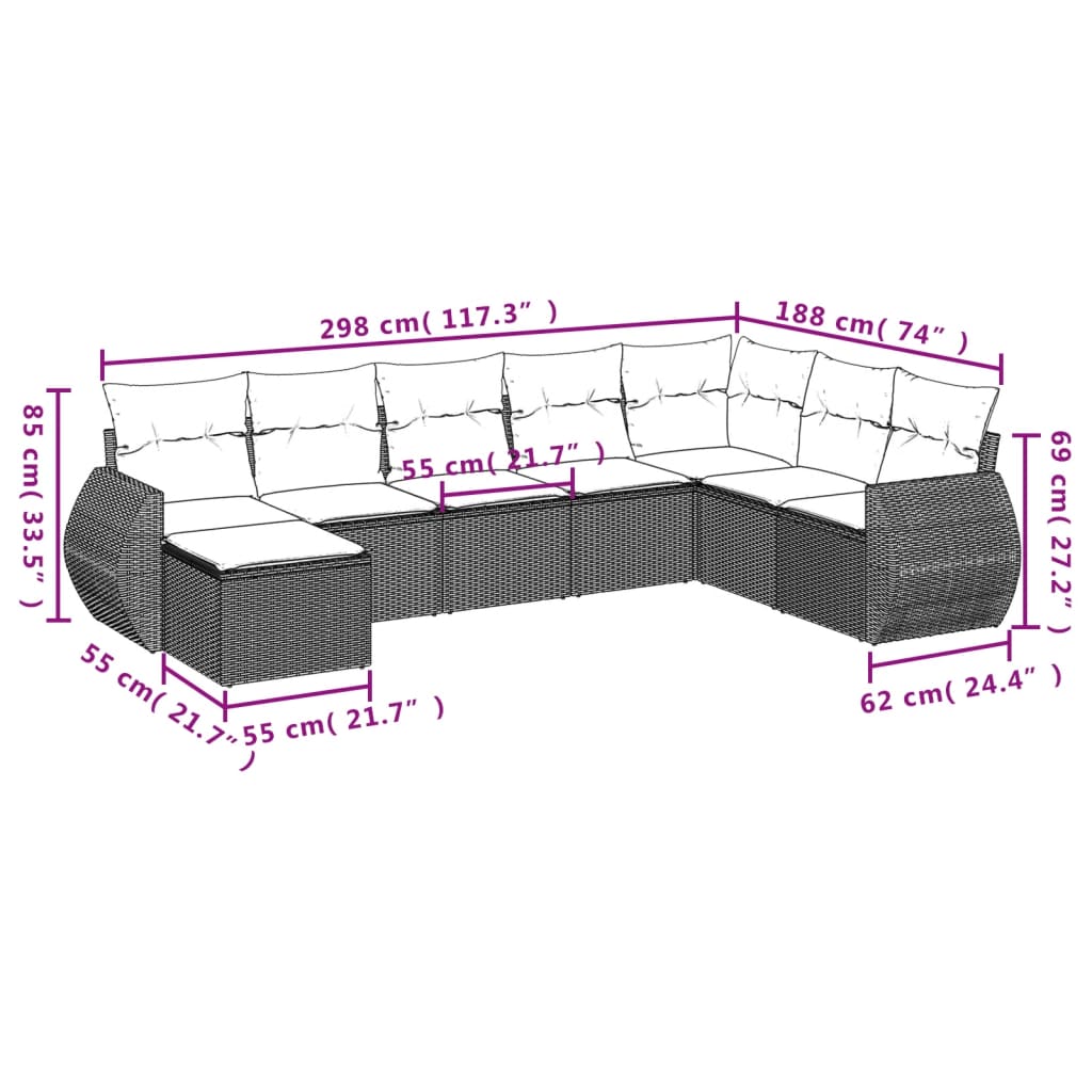 8 pcs garden furniture with black braided resin cushions