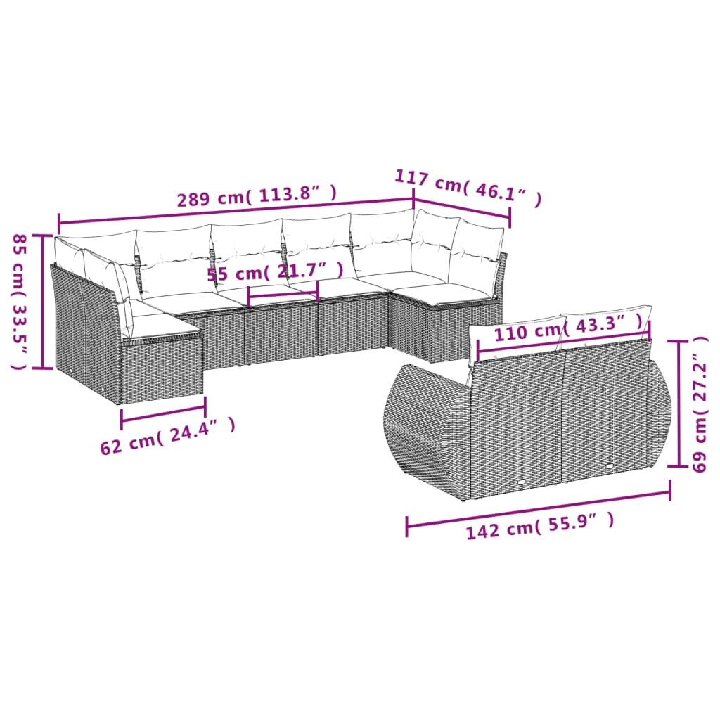 9 pcs garden furniture with black braided resin cushions