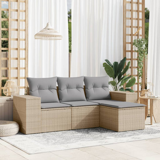 Garden furniture with cushions 4 pcs beige braided resin