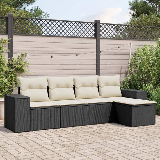 5 pezzi mobili da giardino con cuscini in resina intrecciata nera