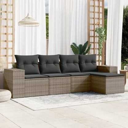5 pezzi mobili da giardino con cuscini grigi in resina intrecciata
