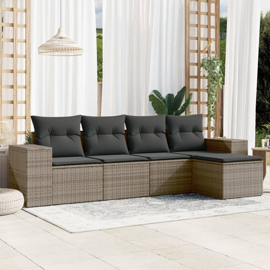 5 pezzi mobili da giardino con cuscini grigi in resina intrecciata