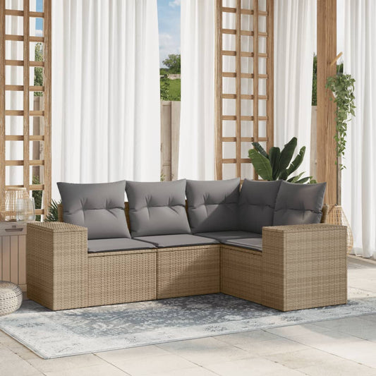 Garden furniture with cushions 4 pcs beige braided resin