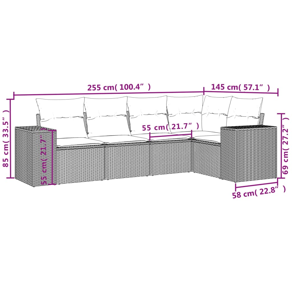 Mobili da giardino con cuscini da 5 pezzi resina intrecciata beige