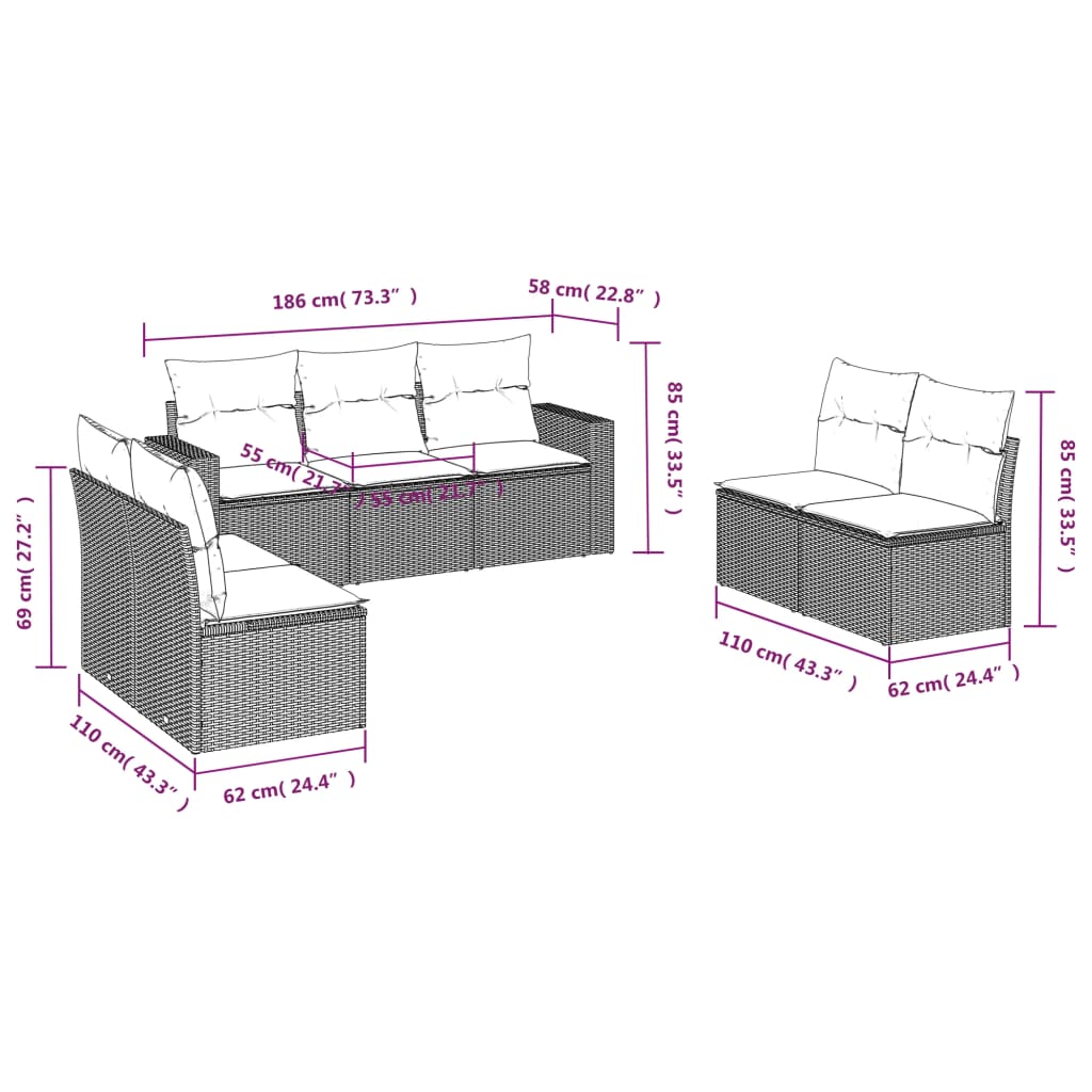 Garden furniture with cushions 7 pcs braided resin