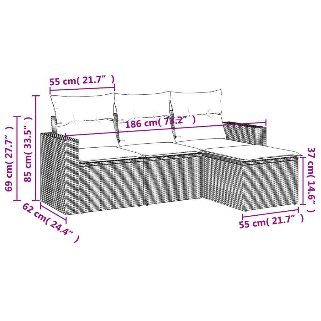 4 pcs garden furniture with black braided resin cushions