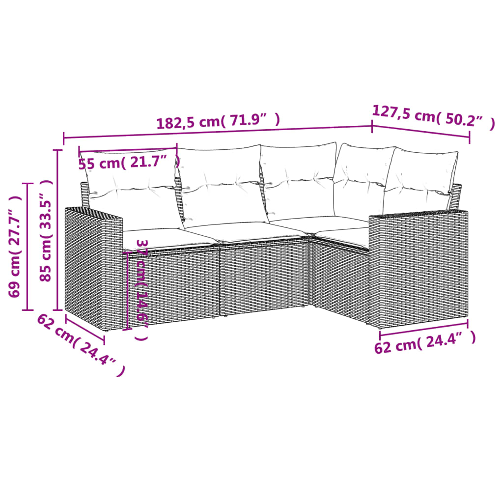 4 pcs garden furniture with braided brown resin cushions