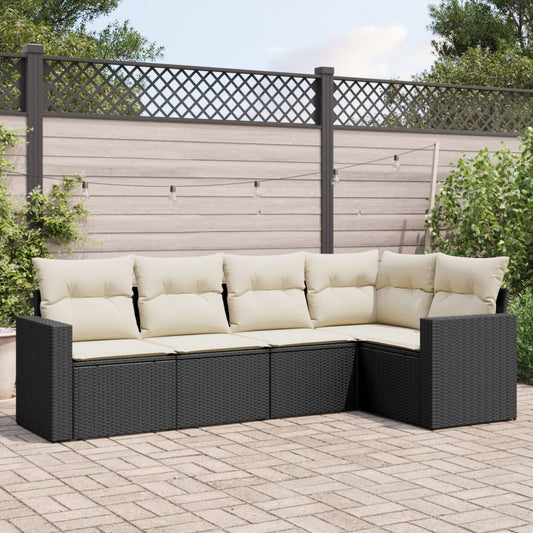 5 pezzi mobili da giardino con cuscini in resina intrecciata nera