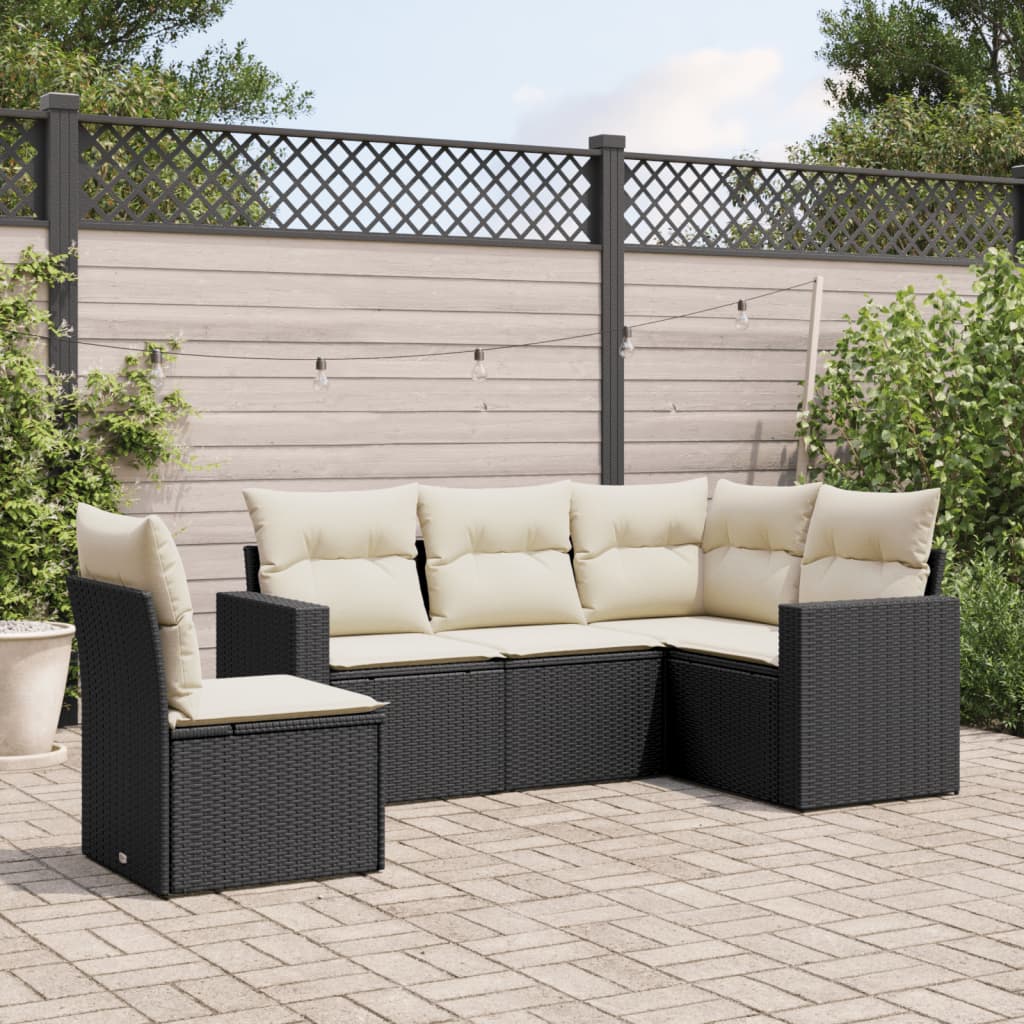 5 pezzi mobili da giardino con cuscini in resina intrecciata nera