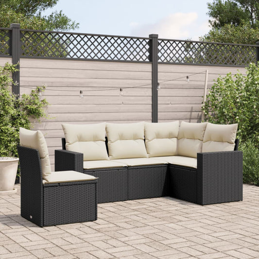 5 pezzi mobili da giardino con cuscini in resina intrecciata nera
