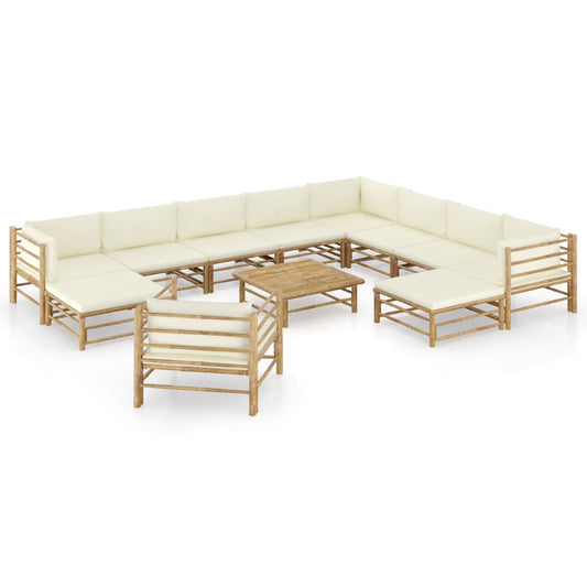 Salon de jardin XXL 12 pièces Bambou avec coussin blanc crème BALI