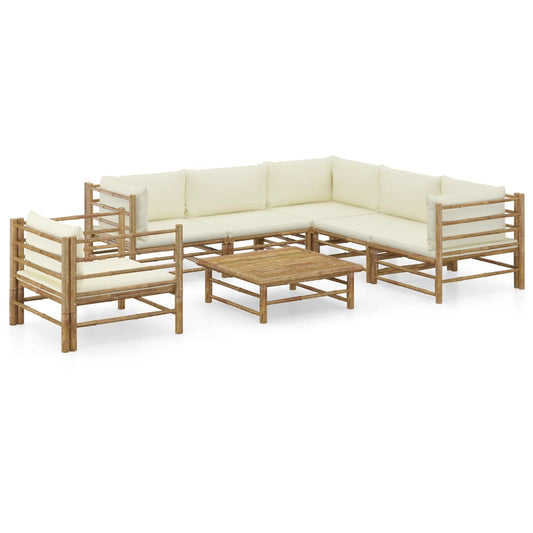 Salon de jardin 7 pièces Bambou avec coussin blanc crème BALI