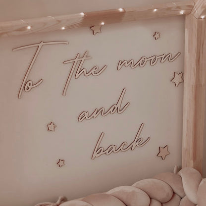 Linda escrita decorativa de parede "para a lua e de volta" + estrelas