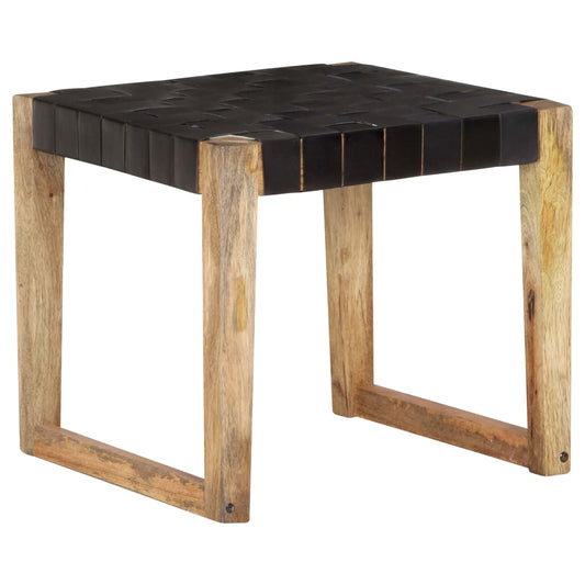 Tabouret Noir Cuir véritable et bois de manguier massif