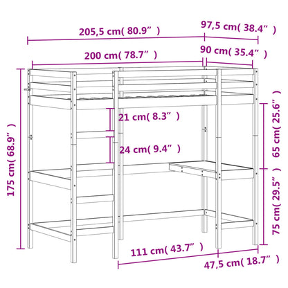 Lit mezzanine avec bureau bois massif STUDY