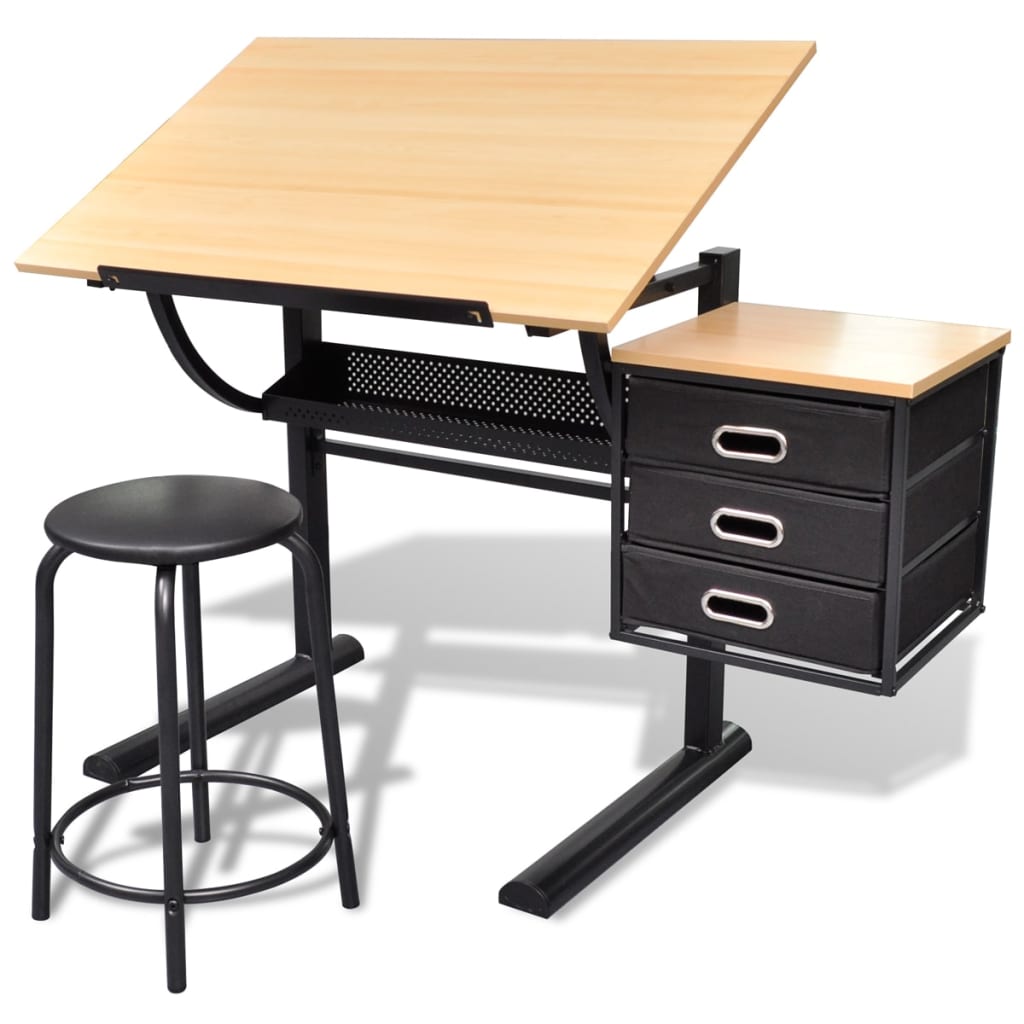 Tabella con disegno reclinabile 3 cassetti e sgabelli