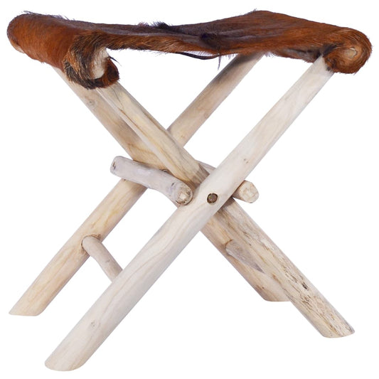 Tabouret pliable Cuir véritable et bois de teck massif