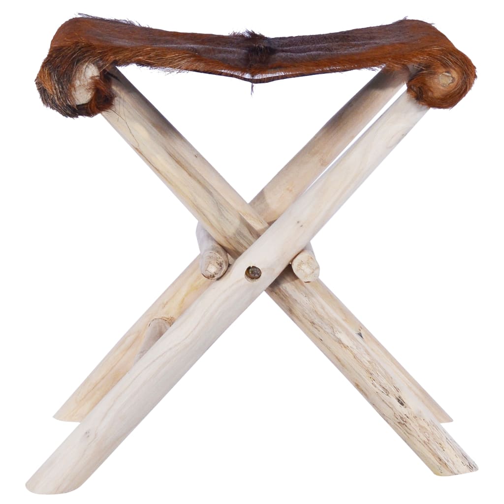 Tabouret pliable Cuir véritable et bois de teck massif