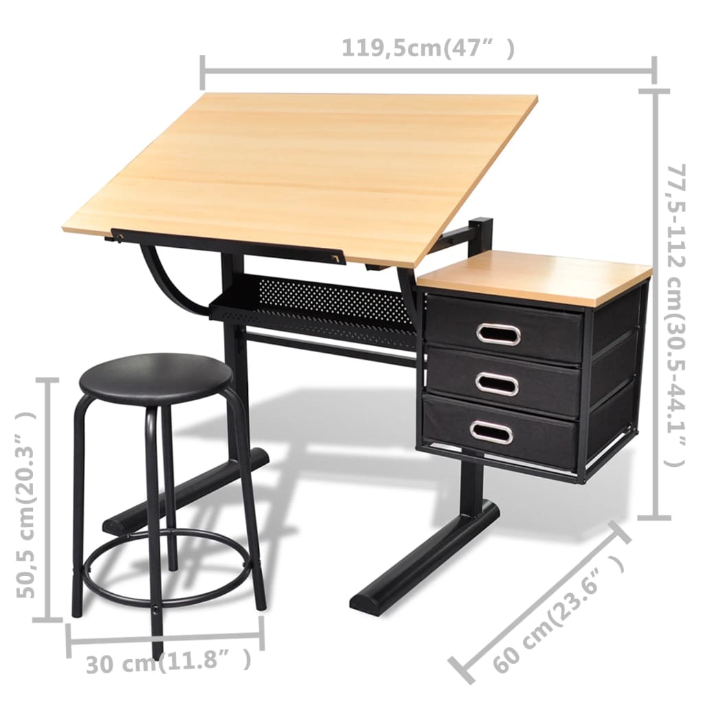 Tabella con disegno reclinabile 3 cassetti e sgabelli