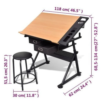 Tabella con disegno inclinabile 2 cassetti e sgabelli
