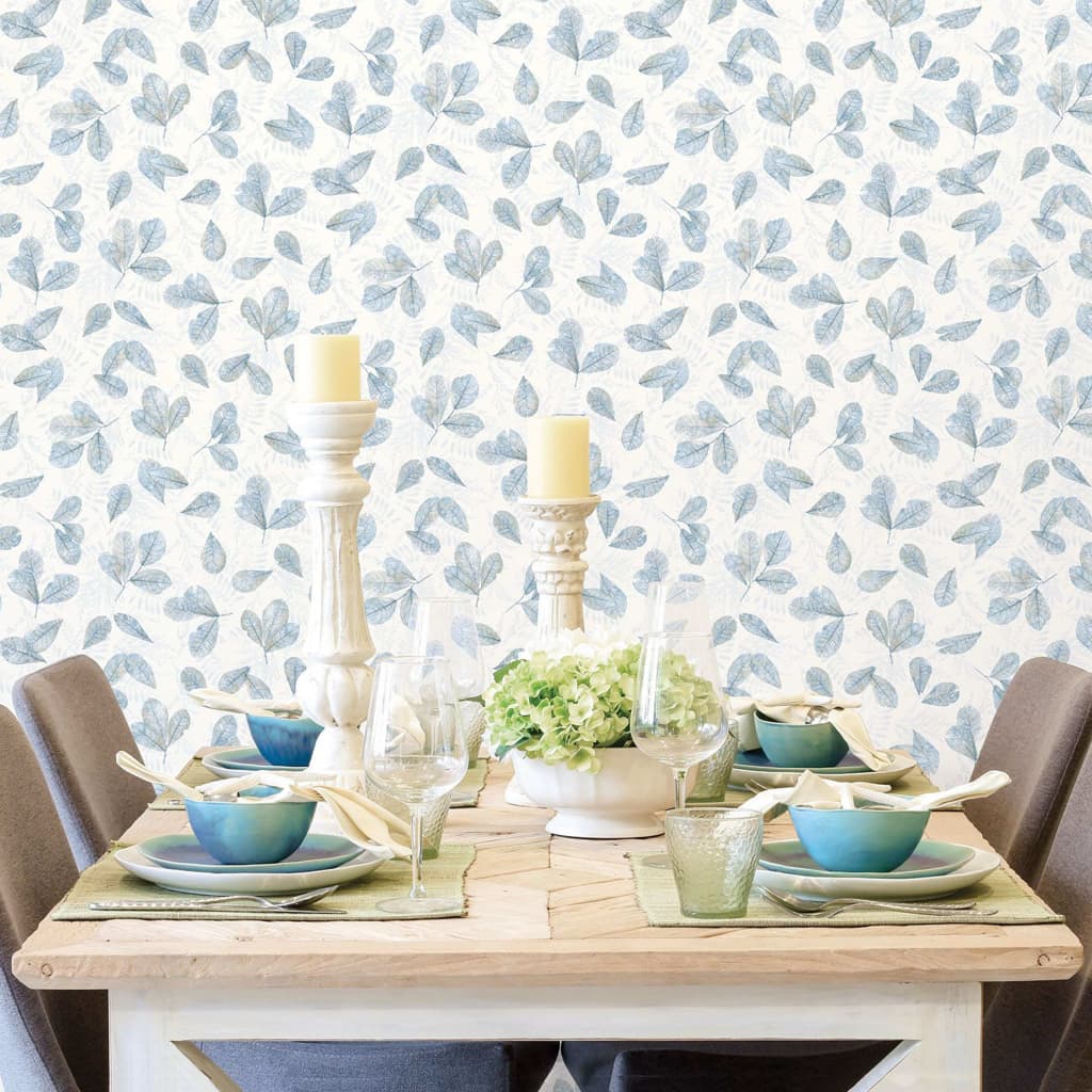 Evergreen Papier peint Leaves Blanc et bleu