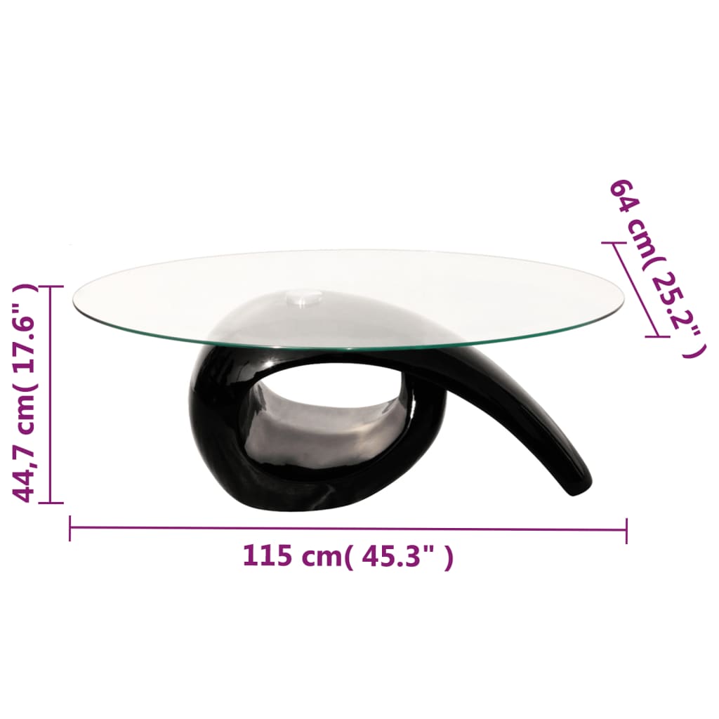 Table basse avec dessus de table en verre ovale Noir brillant RETRO
