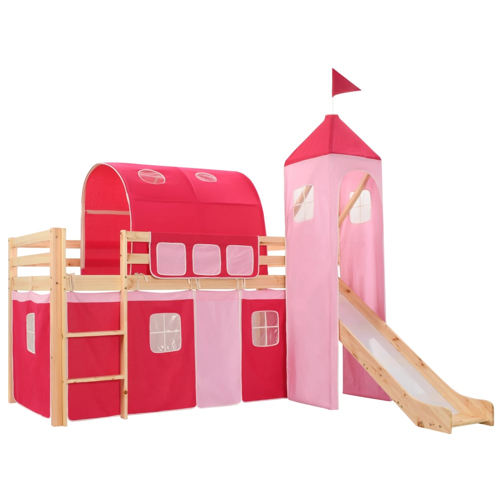 Lit mezzanine enfant avec toboggan et habillage MEGAN Pin 90X200cm