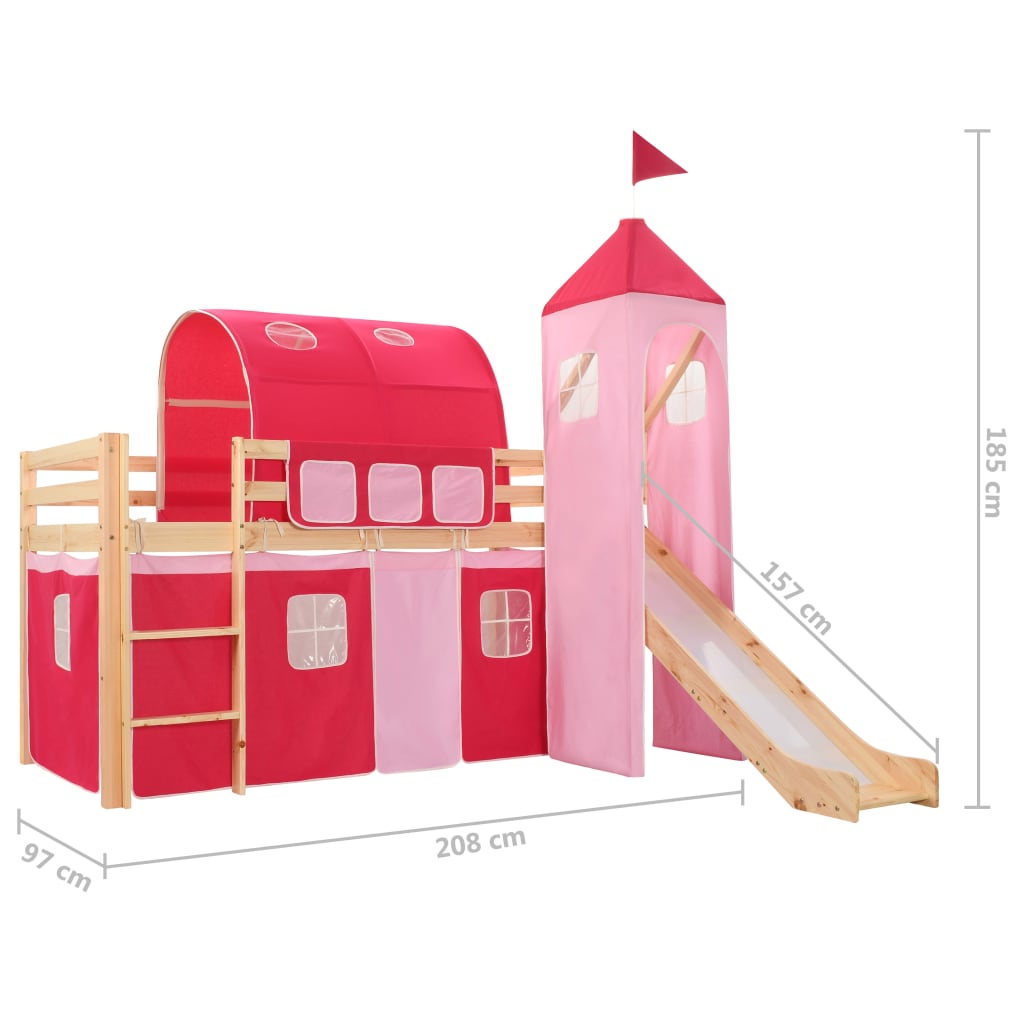 Lit mezzanine enfant avec toboggan et habillage MEGAN Pin 90X200cm