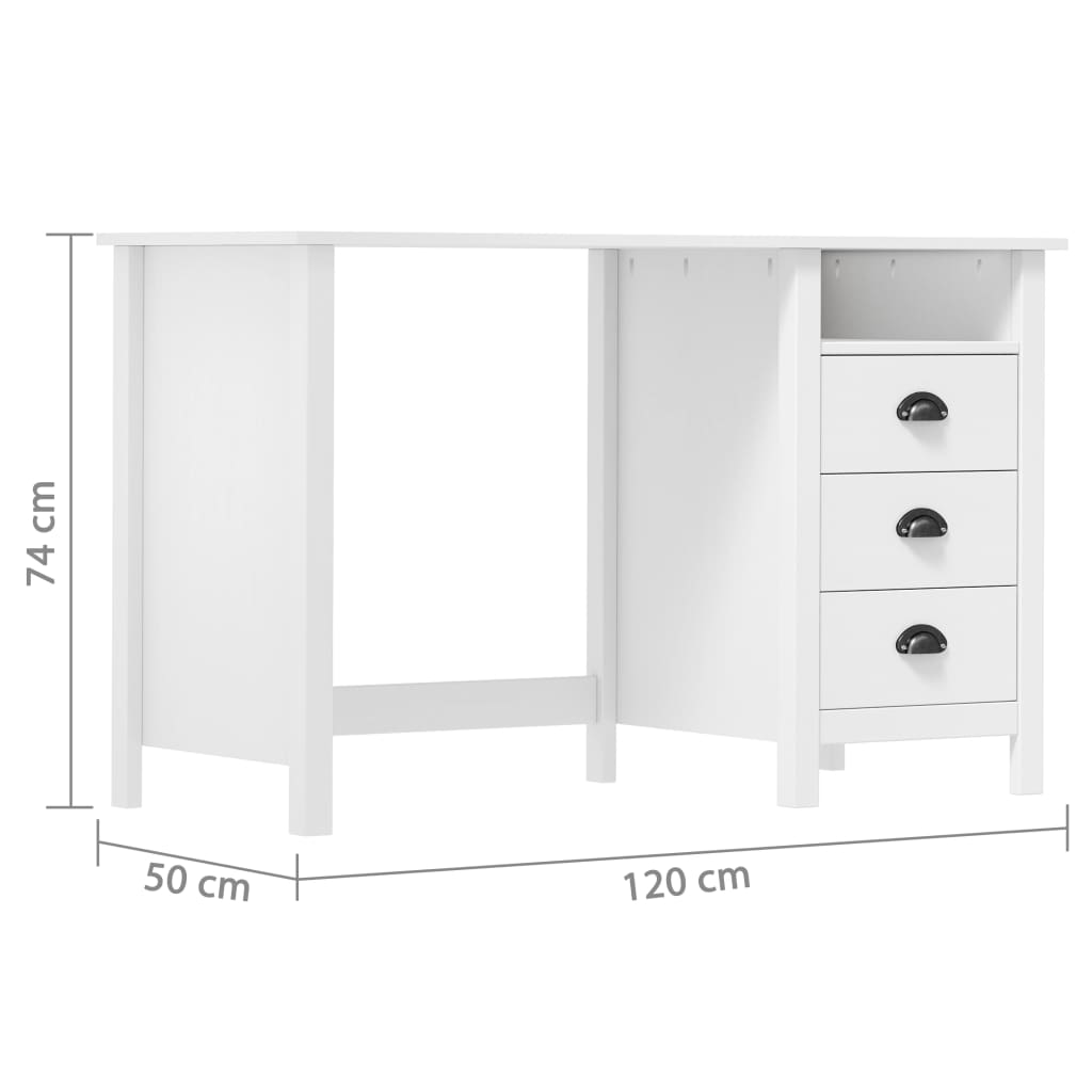 Scrivania collinare con 3 cassetti 120x50x74 cm in legno di pino solido