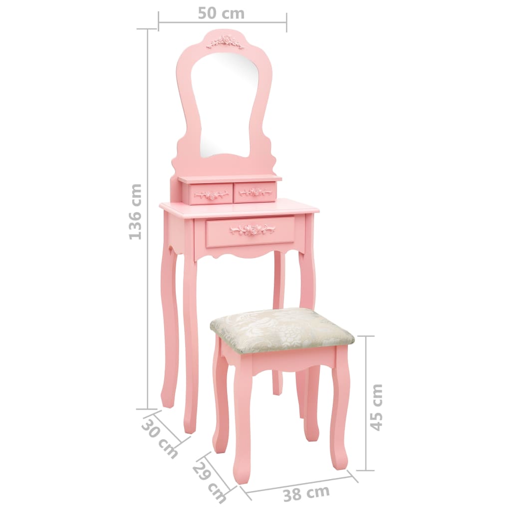 Ensemble Coiffeuse avec tabouret Rose 50x59x136 cm Paulownia