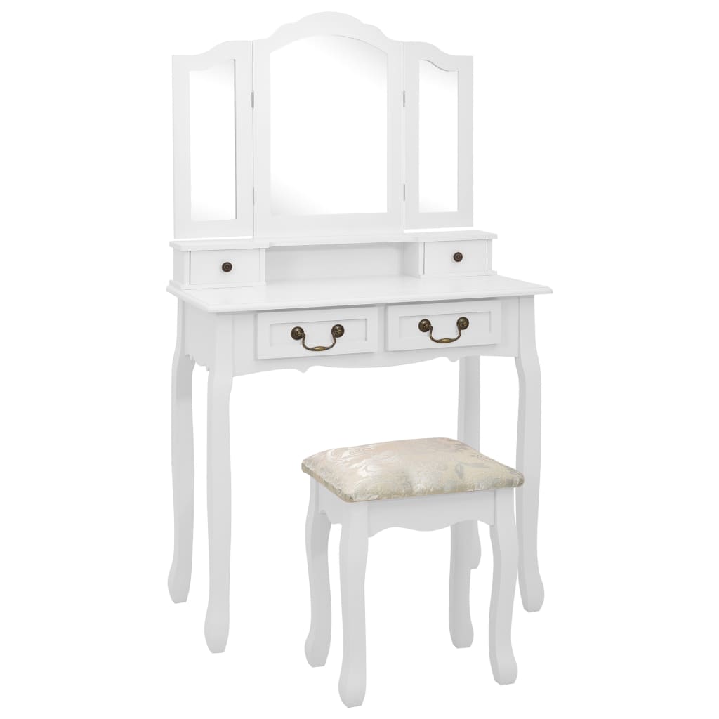 Ensemble Coiffeuse avec tabouret Blanc 80x69x141cm Paulownia