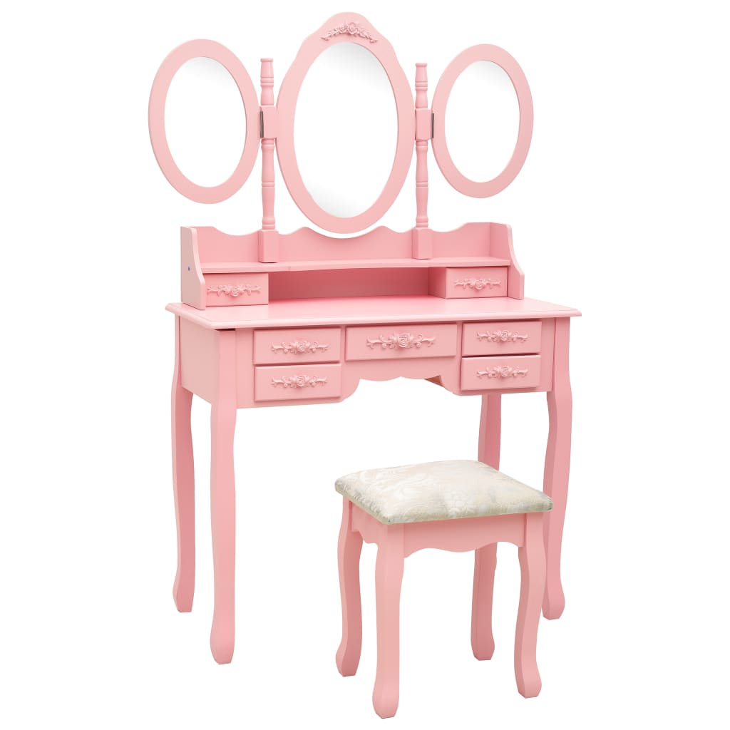 Coiffeuse avec tabouret et miroir pliable en 3 Rose LOLITA