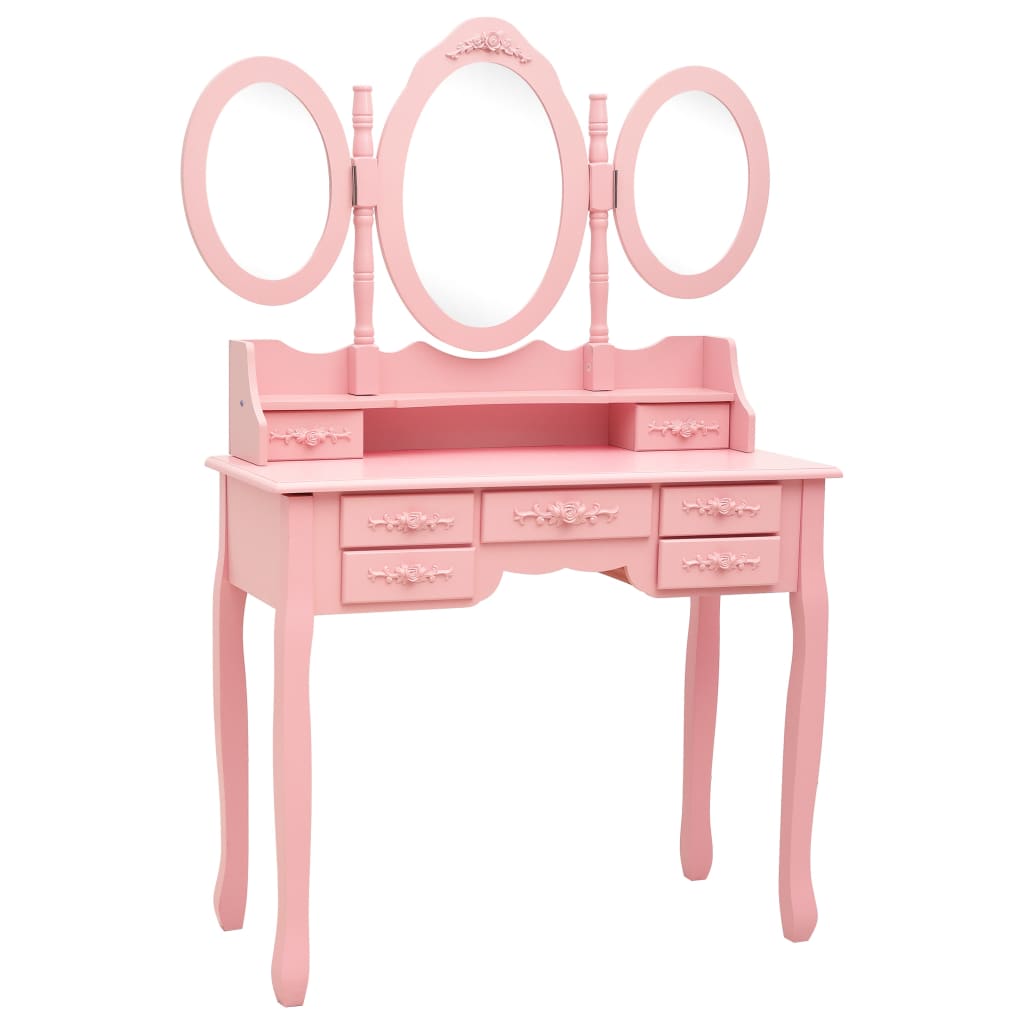 Coiffeuse avec tabouret et miroir pliable en 3 Rose LOLITA