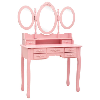 Coiffeuse avec tabouret et miroir pliable en 3 Rose LOLITA