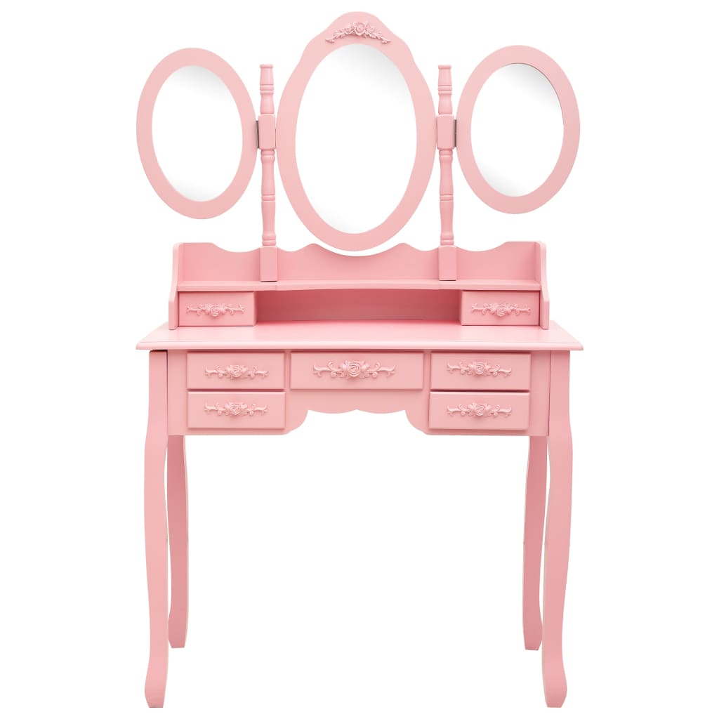 Coiffeuse avec tabouret et miroir pliable en 3 Rose LOLITA