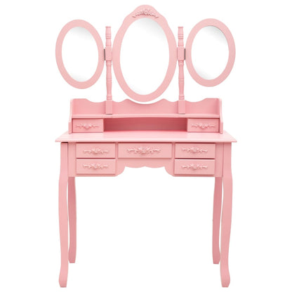 Coiffeuse avec tabouret et miroir pliable en 3 Rose LOLITA