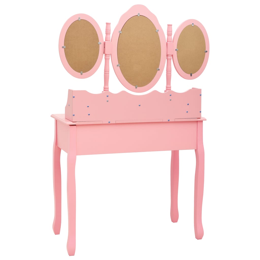 Coiffeuse avec tabouret et miroir pliable en 3 Rose LOLITA